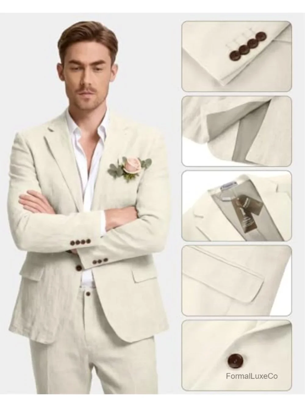 3 Piece Slim Fit Linen Suit Set with Vest
